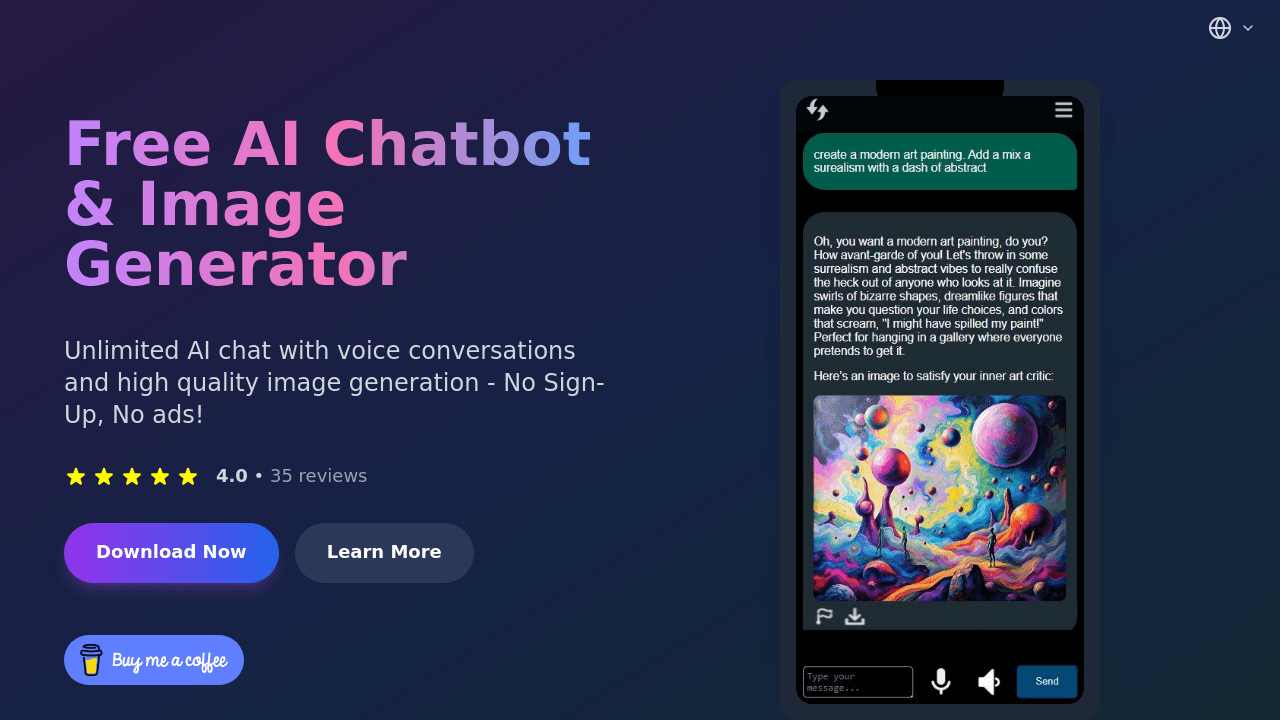 AI Chatbot & Image Generator App interface screenshot showing main features and user interface