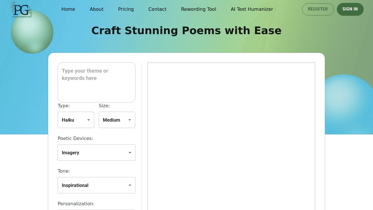 AI Poem Generator interface screenshot showing main features and user interface