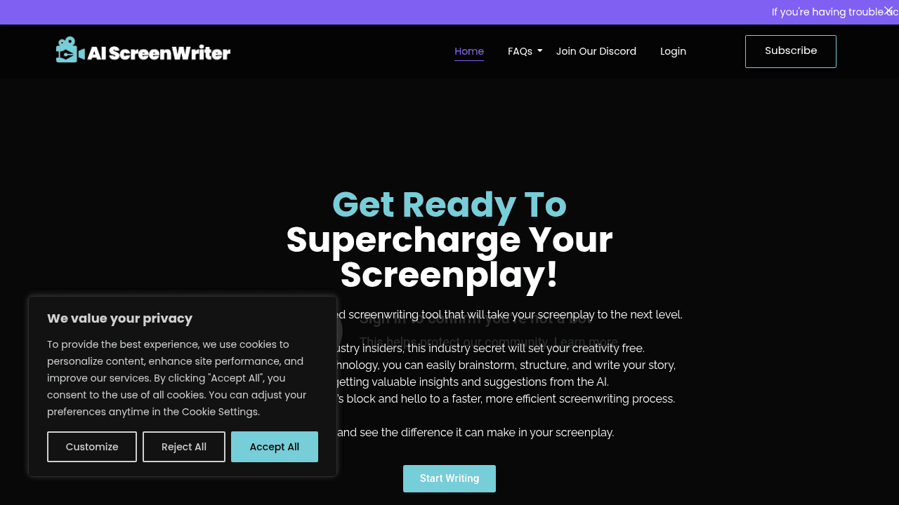 AI Screenwriting Tool interface screenshot showing main features and user interface