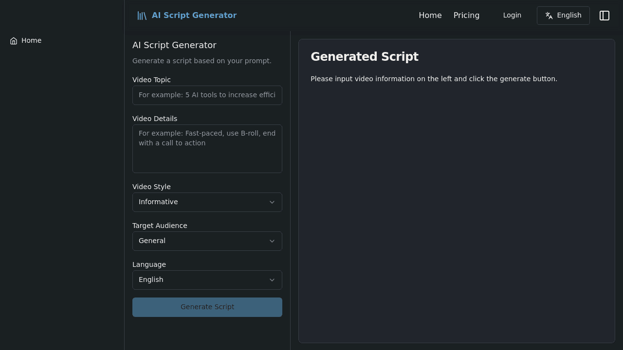 AI Script Generator interface screenshot showing main features and user interface