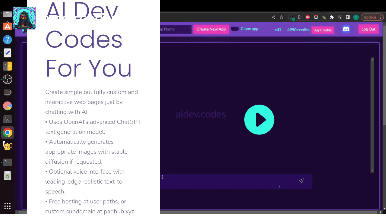 AIDev.Codes interface screenshot showing main features and user interface