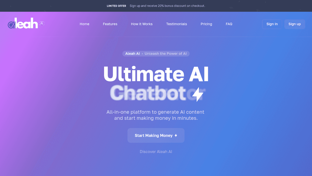 Aleah AI interface screenshot showing main features and user interface