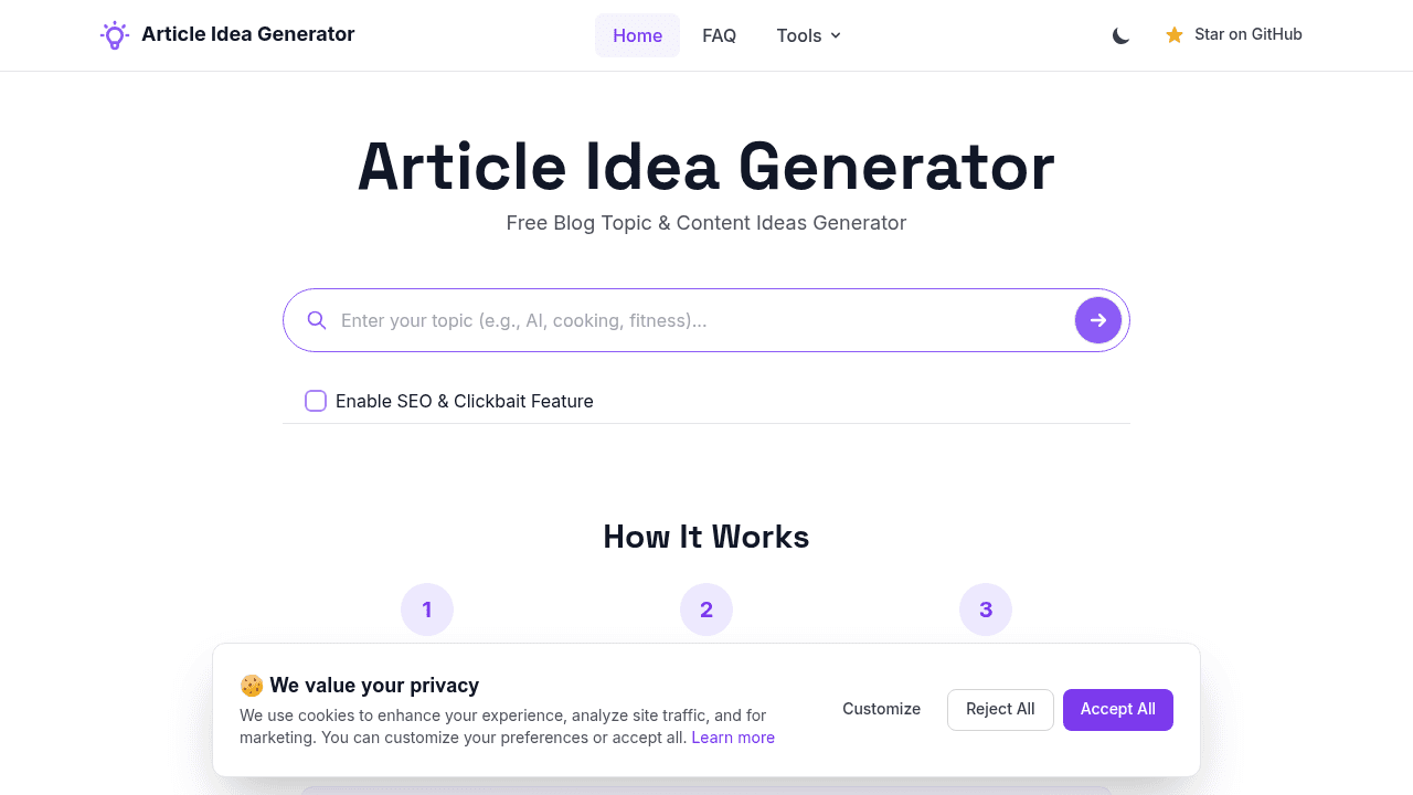 Article Idea Generator interface screenshot showing main features and user interface
