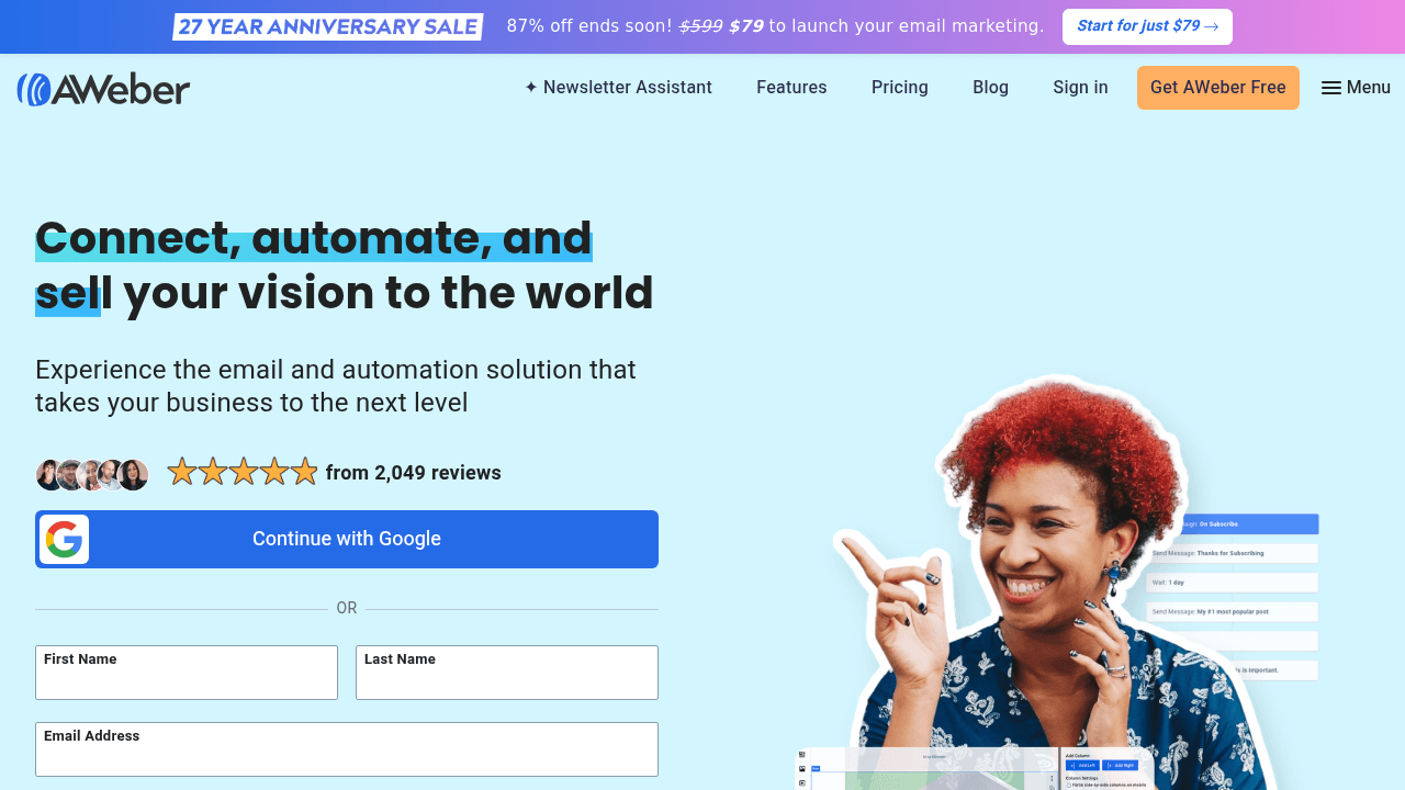 AWeber interface screenshot showing main features and user interface