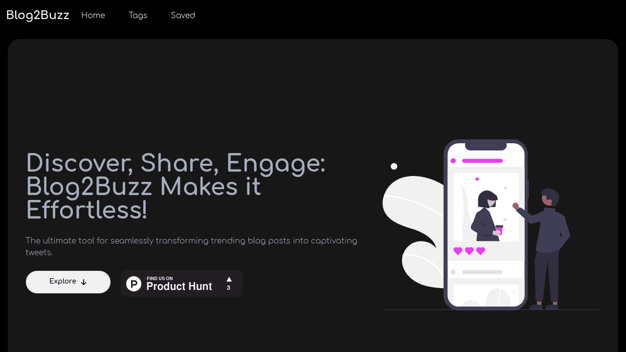 Blog2Buzz interface screenshot showing main features and user interface