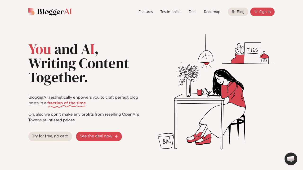 BloggerAI interface screenshot showing main features and user interface
