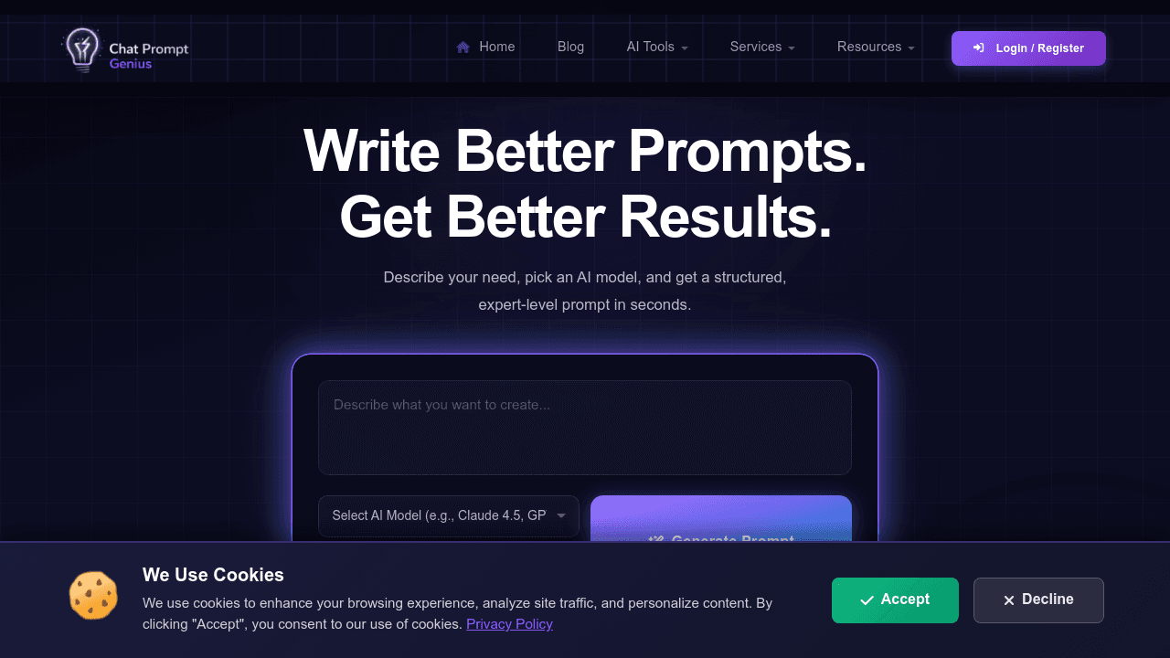 Chat Prompt Genius interface screenshot showing main features and user interface