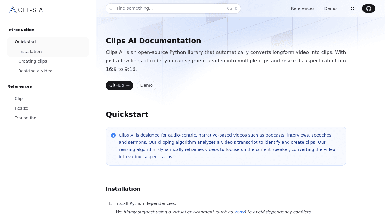 Clips AI interface screenshot showing main features and user interface