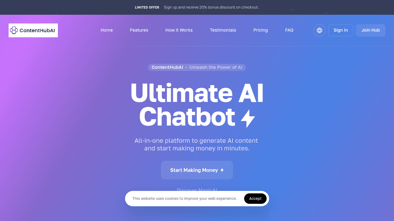 Contenthubai.com interface screenshot showing main features and user interface