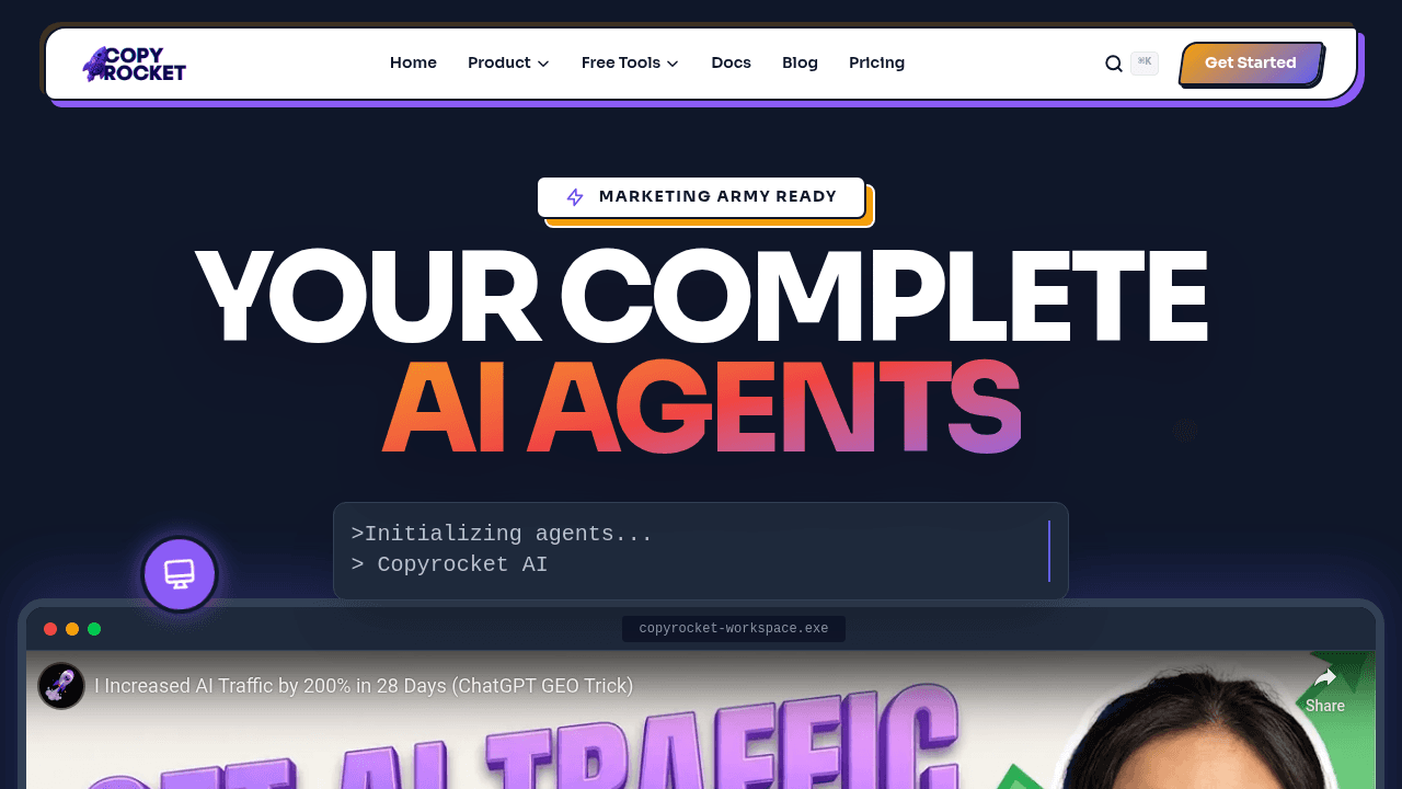 Copyrocket AI Assistant interface screenshot showing main features and user interface