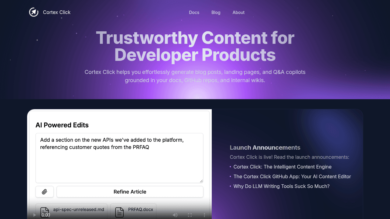 Cortex Click interface screenshot showing main features and user interface