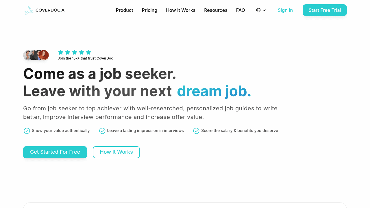 CoverDoc.ai interface screenshot showing main features and user interface