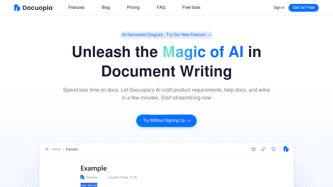 Docuopia interface screenshot showing main features and user interface