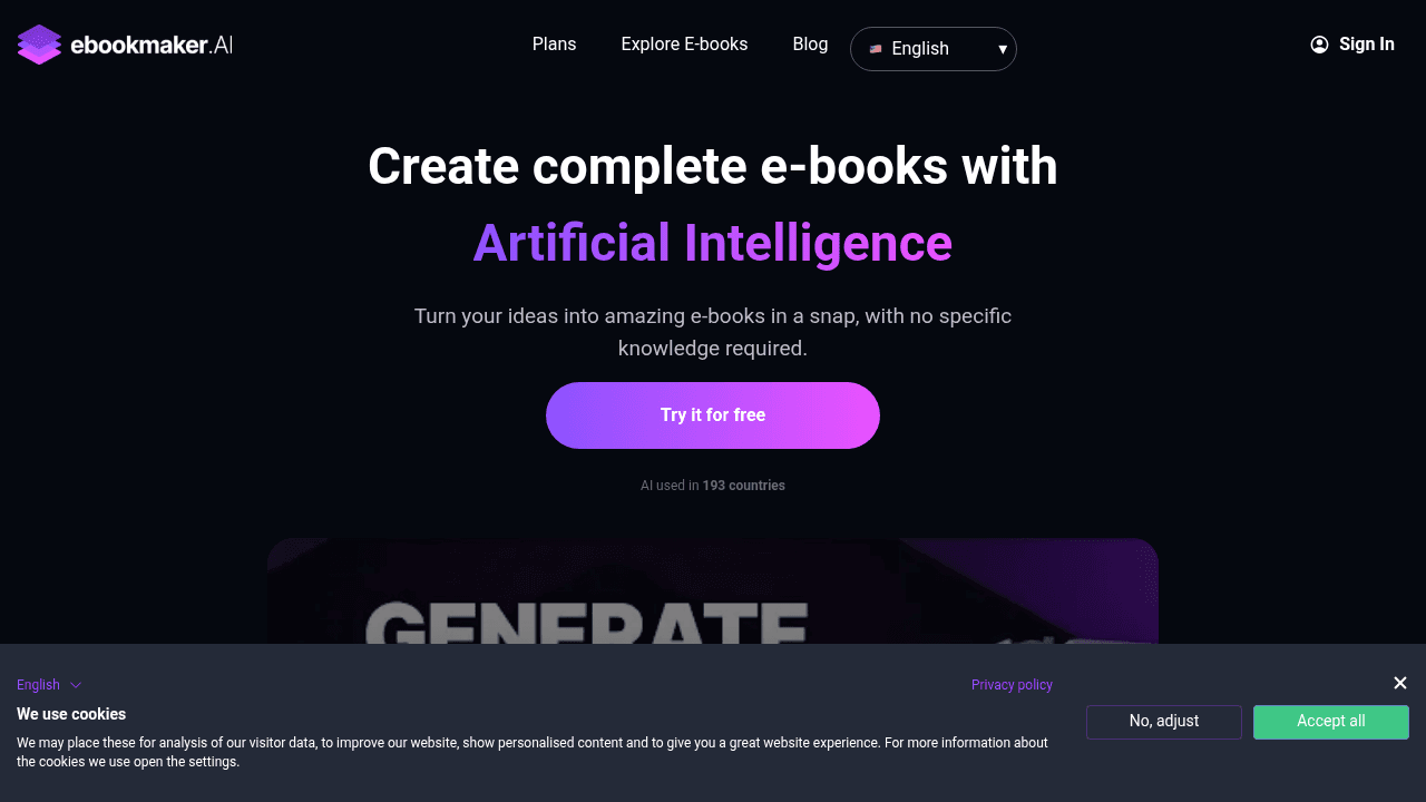 ebookmaker.ai interface screenshot showing main features and user interface