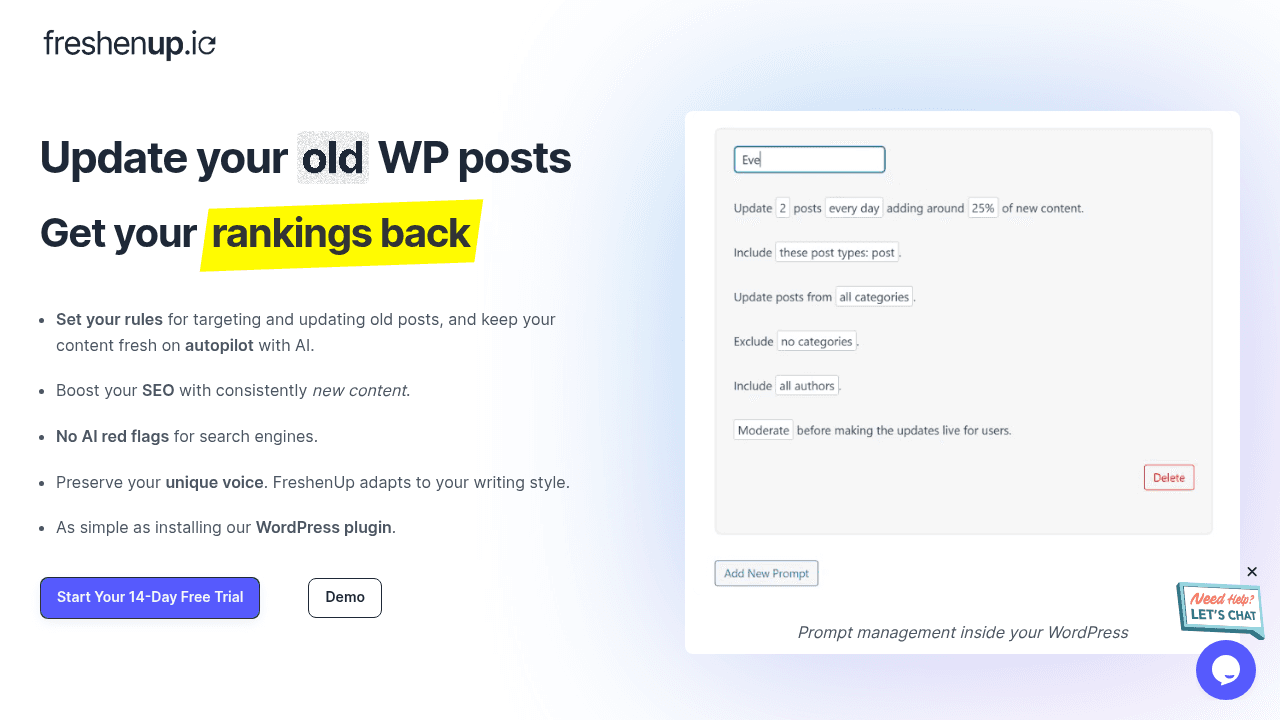 Freshenup.io interface screenshot showing main features and user interface