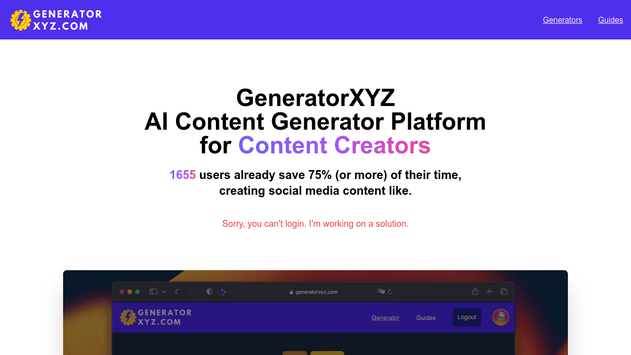 Generator XYZ interface screenshot showing main features and user interface