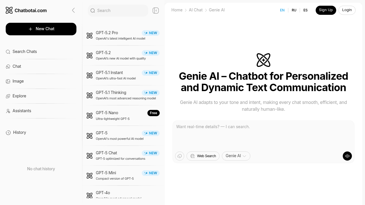 Genie AI interface screenshot showing main features and user interface