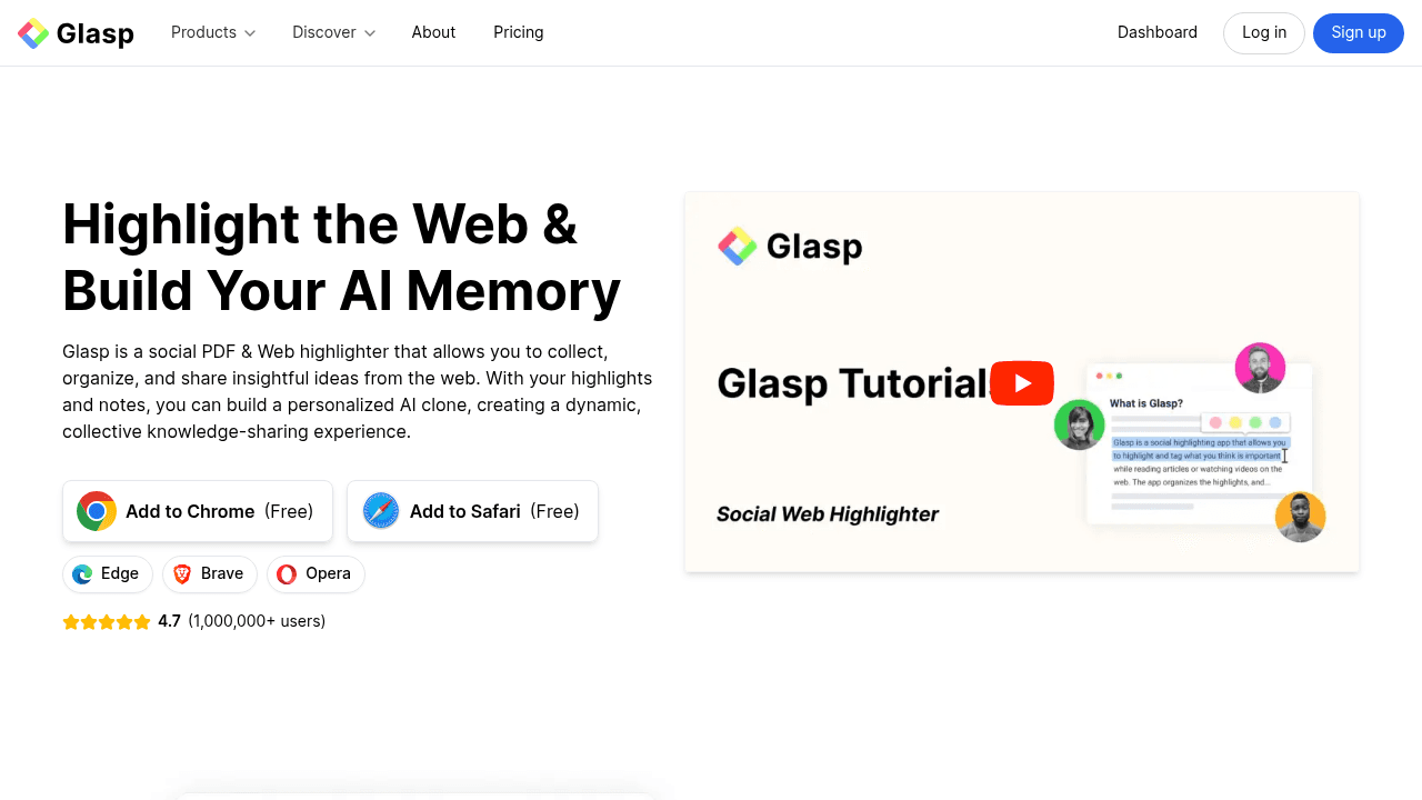 Glasp interface screenshot showing main features and user interface