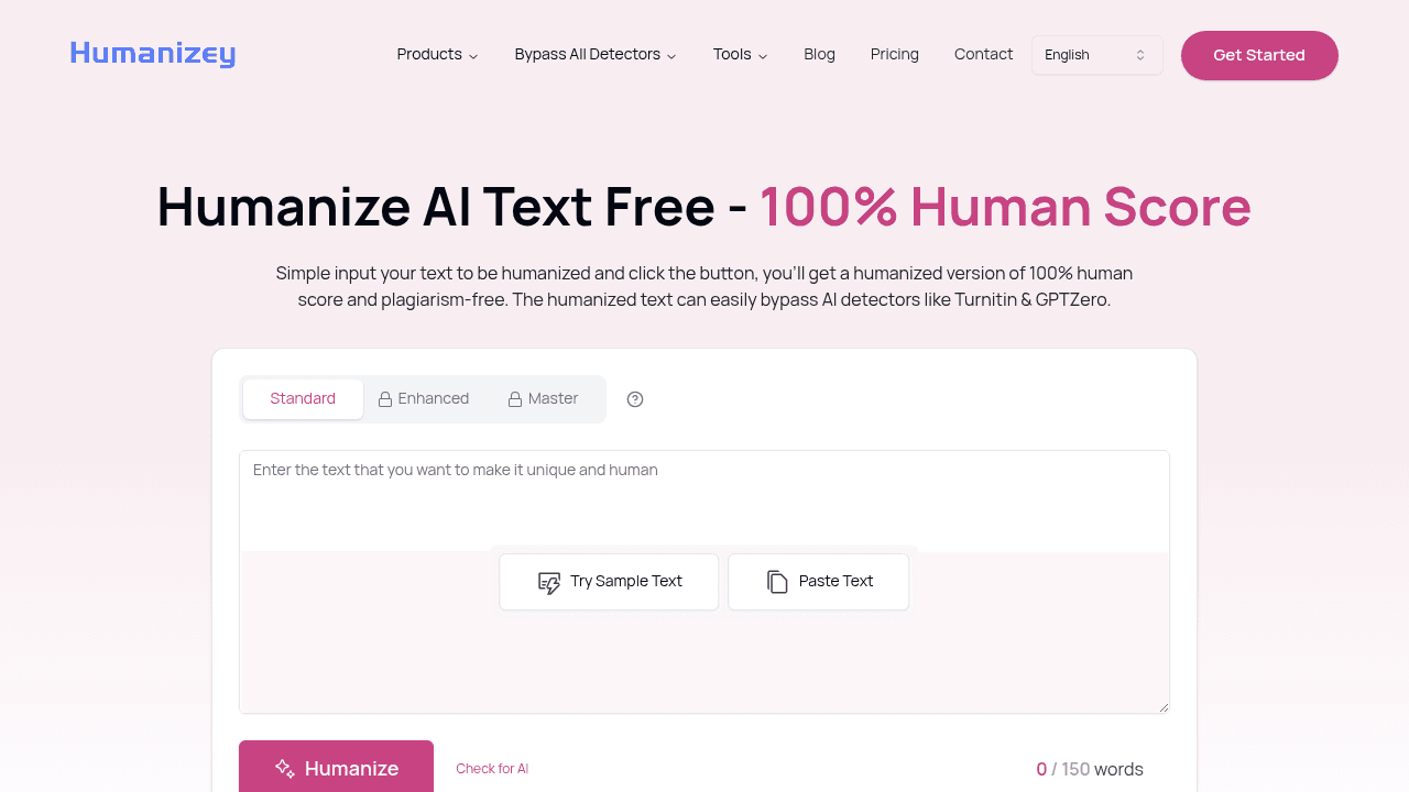 Humanizey interface screenshot showing main features and user interface
