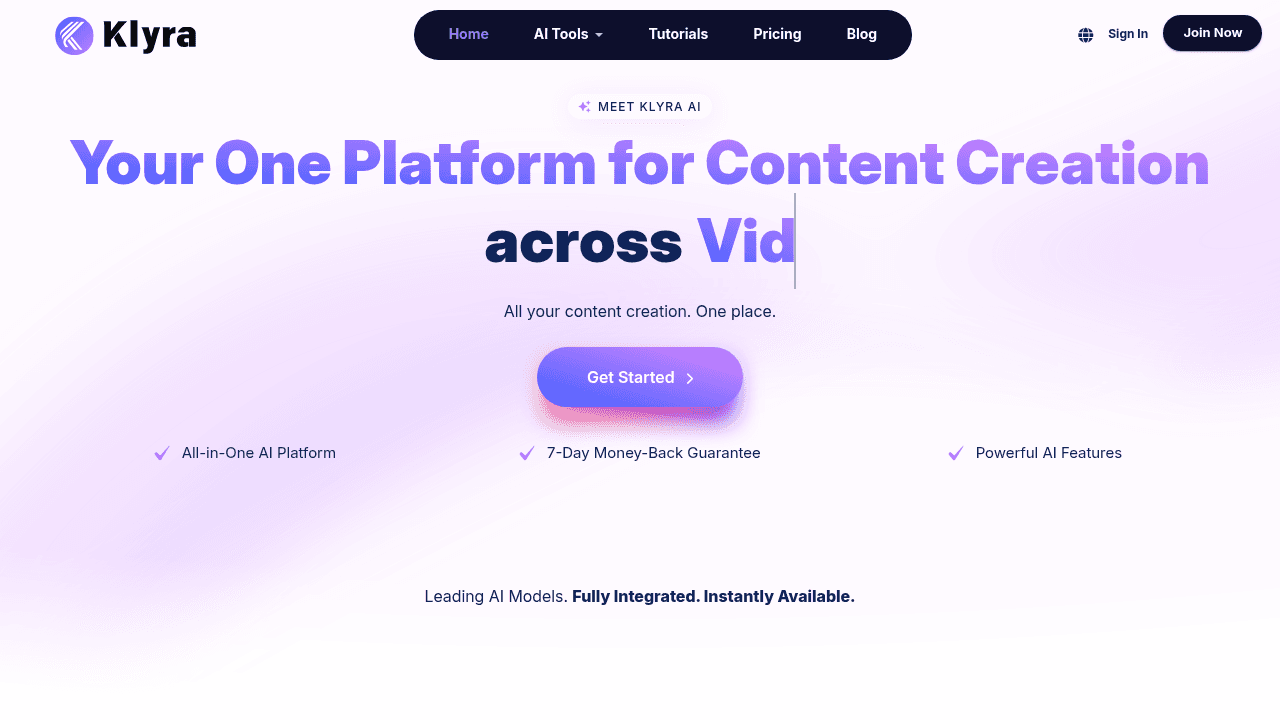 Klyra AI interface screenshot showing main features and user interface