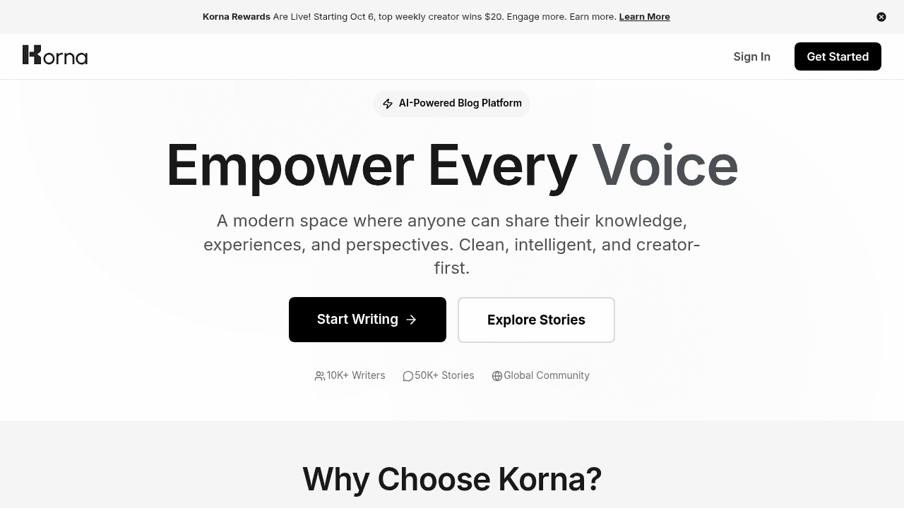 Korna interface screenshot showing main features and user interface