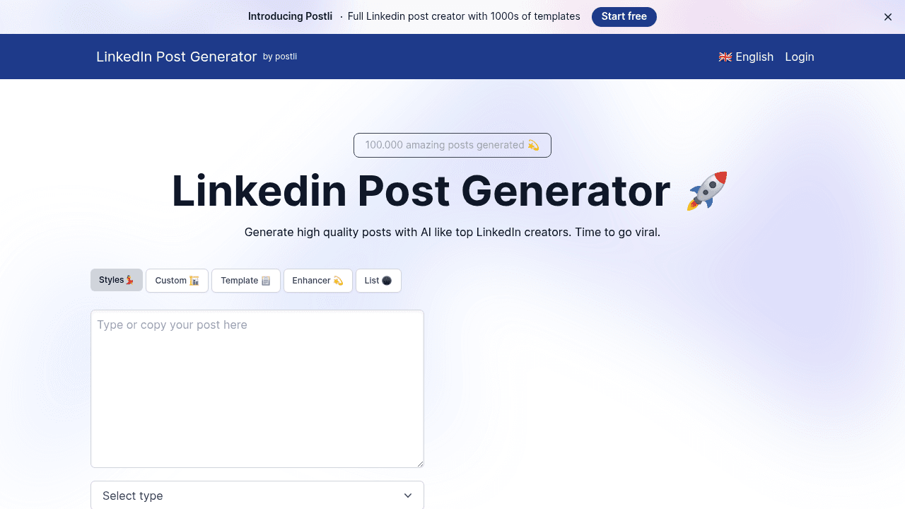 LinkedIn Post Generator interface screenshot showing main features and user interface