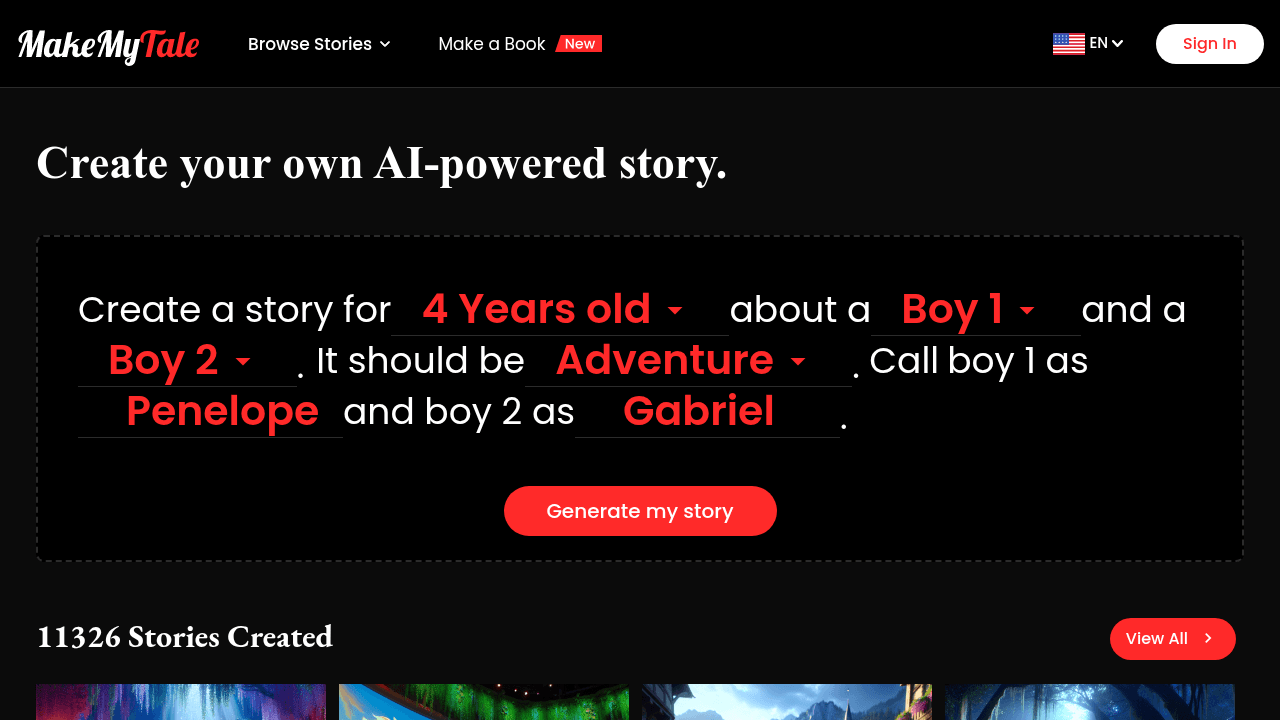 MakeMyTale interface screenshot showing main features and user interface
