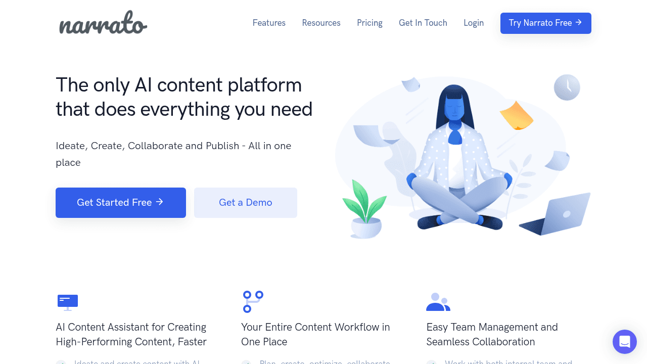 Narrato Workspace interface screenshot showing main features and user interface