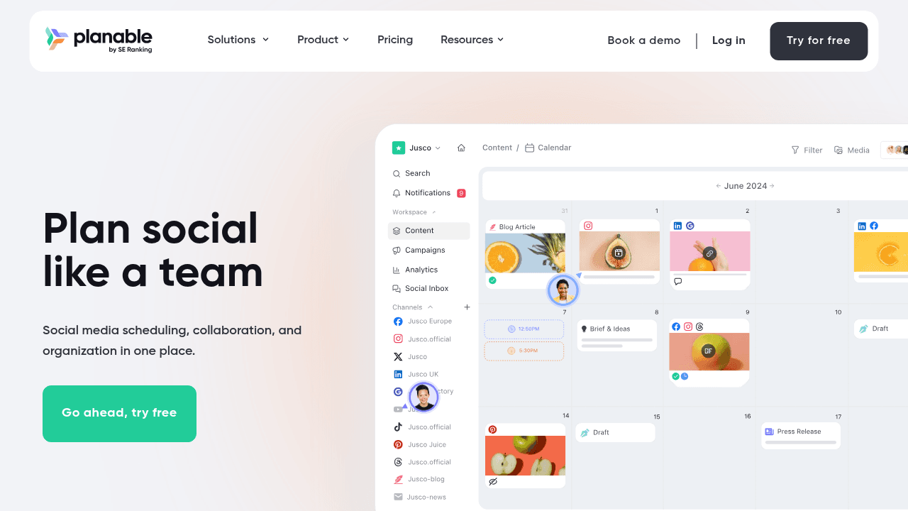 Planable interface screenshot showing main features and user interface