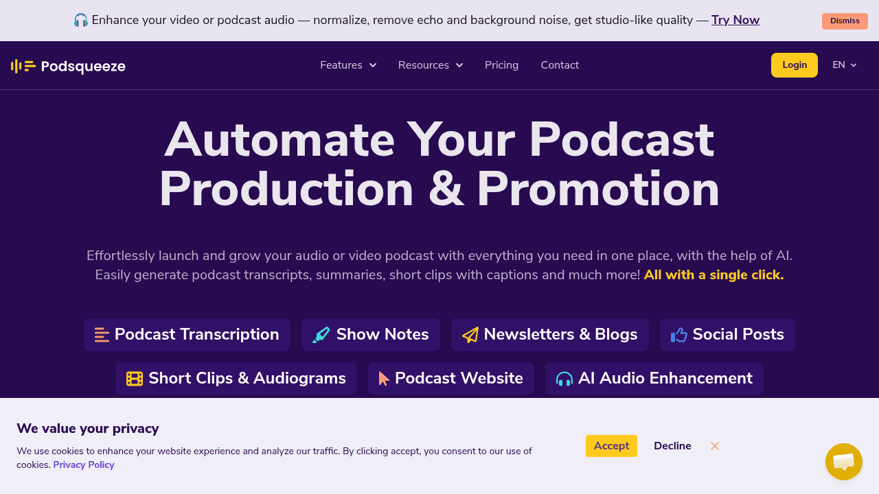 Podsqueeze interface screenshot showing main features and user interface