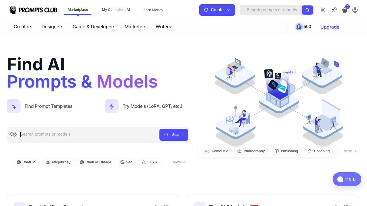 Prompts Club interface screenshot showing main features and user interface
