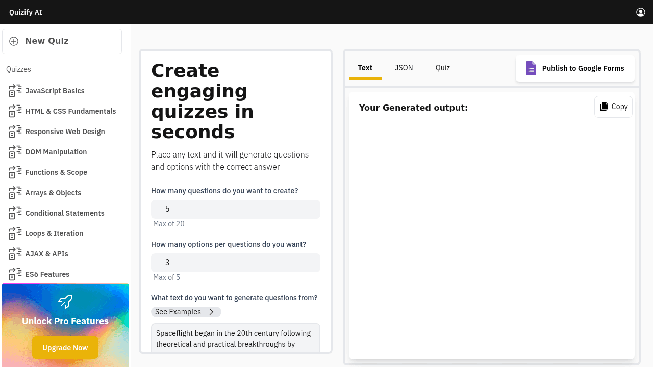 Quizify interface screenshot showing main features and user interface