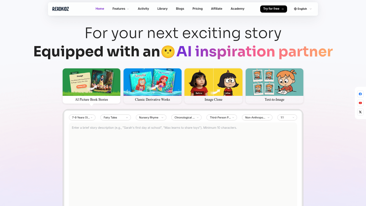 ReadKidz interface screenshot showing main features and user interface