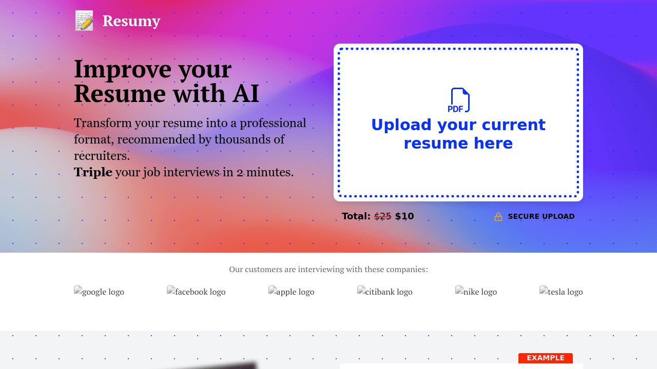 Resumy interface screenshot showing main features and user interface