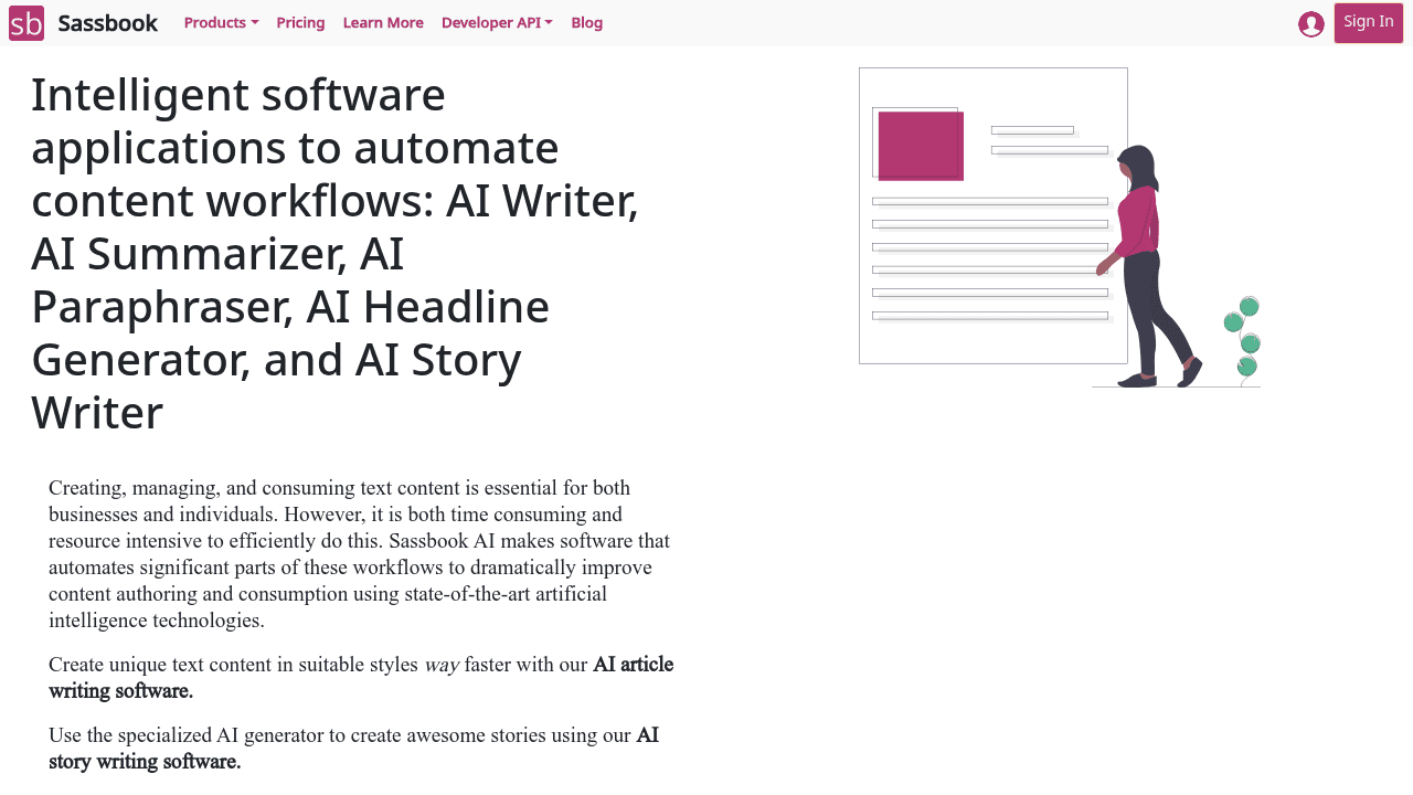 Sassbook AI Story generator interface screenshot showing main features and user interface