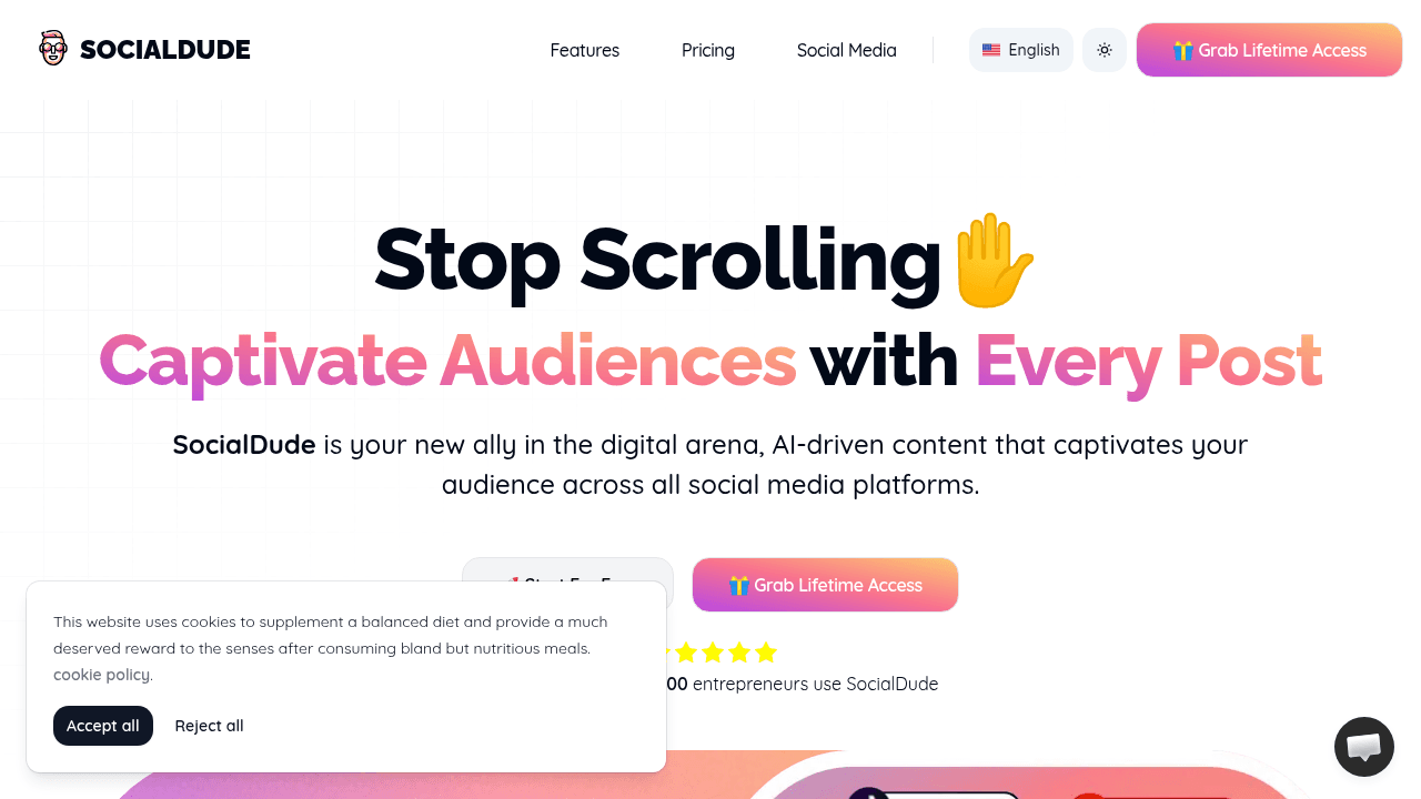 Socialdude.ai interface screenshot showing main features and user interface