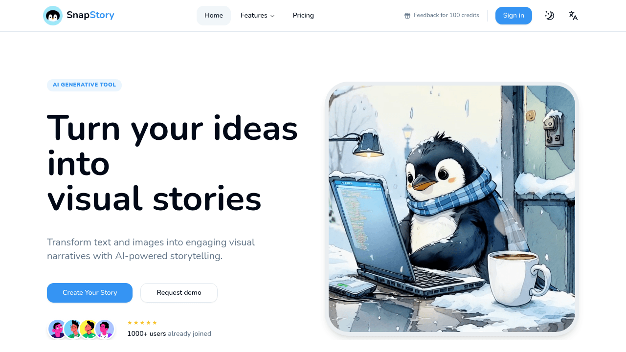 StorySnap interface screenshot showing main features and user interface