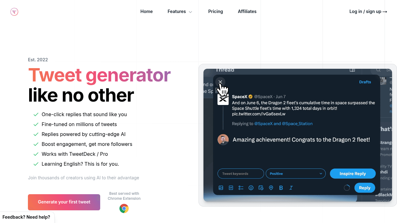 TweetAI interface screenshot showing main features and user interface