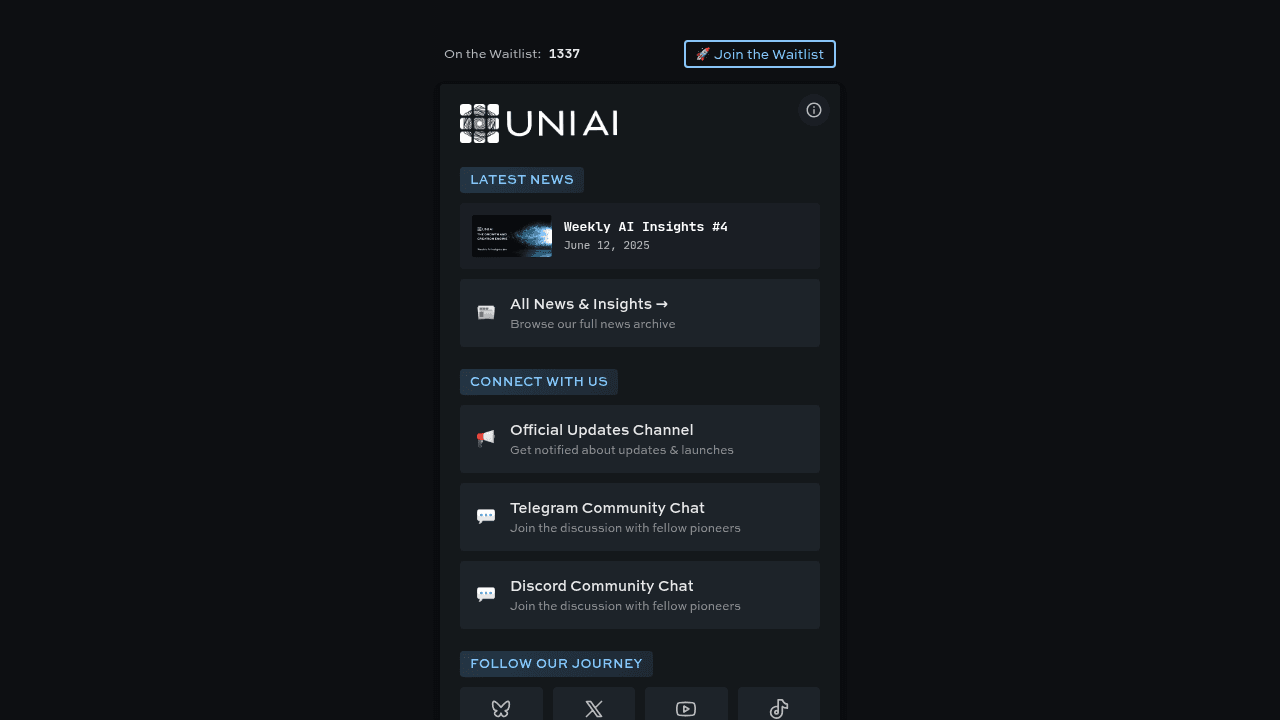 UNI AI interface screenshot showing main features and user interface