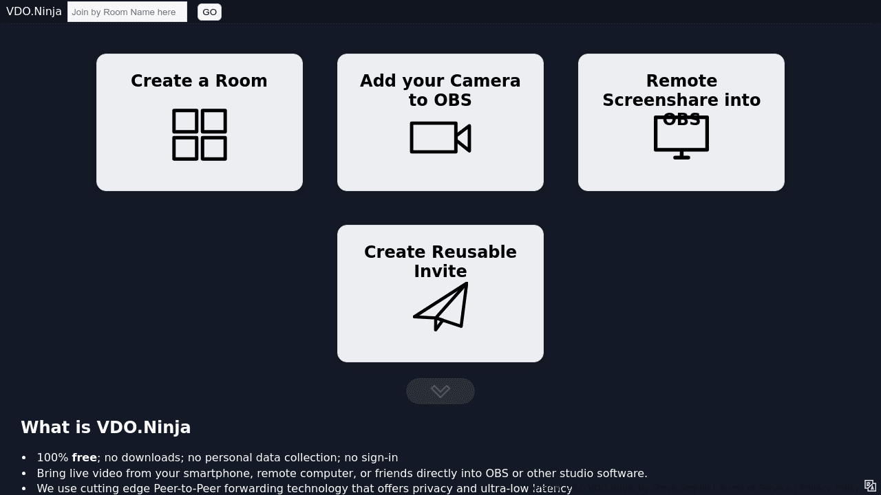 VDO.Ninja interface screenshot showing main features and user interface