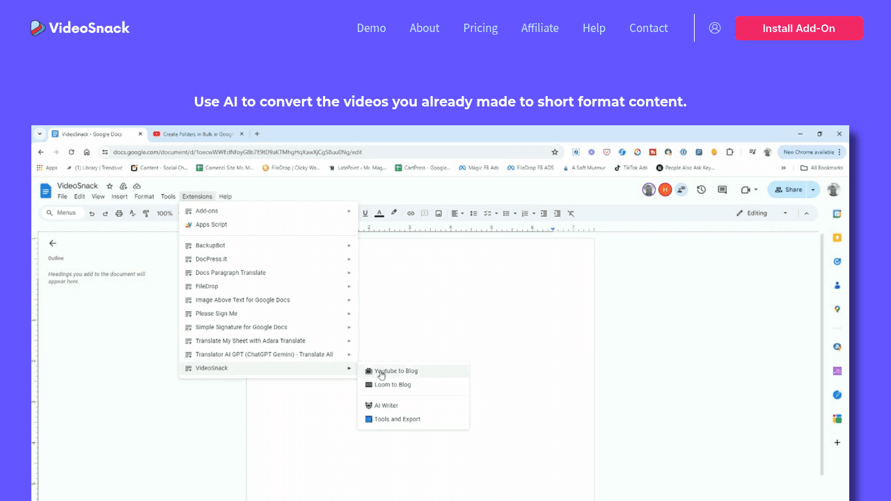 VideoSnack interface screenshot showing main features and user interface