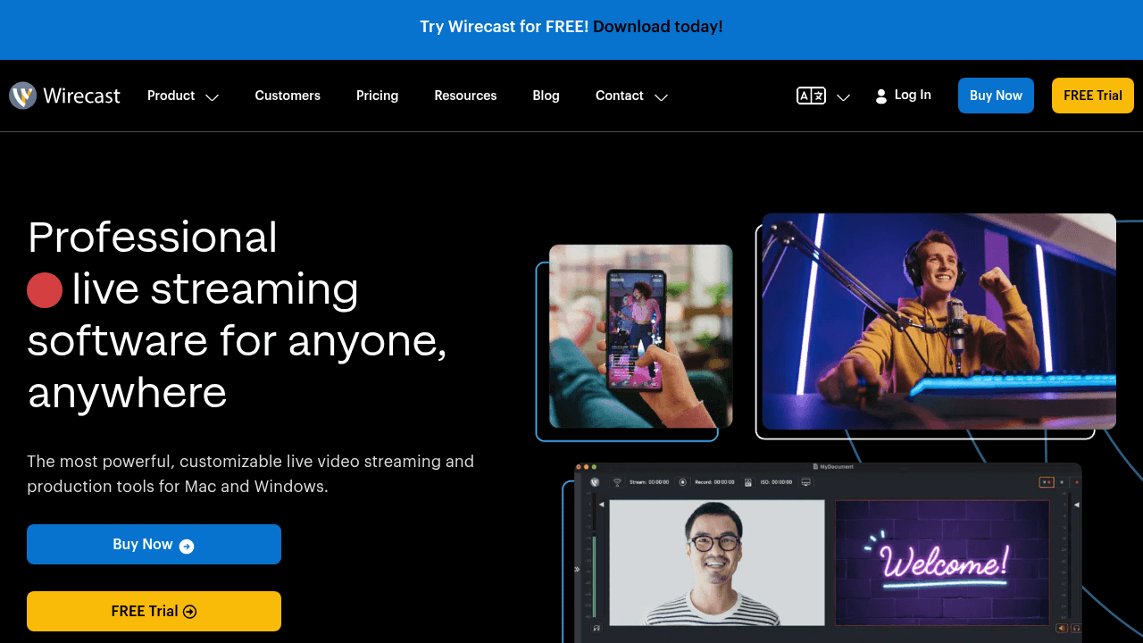 Wirecast interface screenshot showing main features and user interface