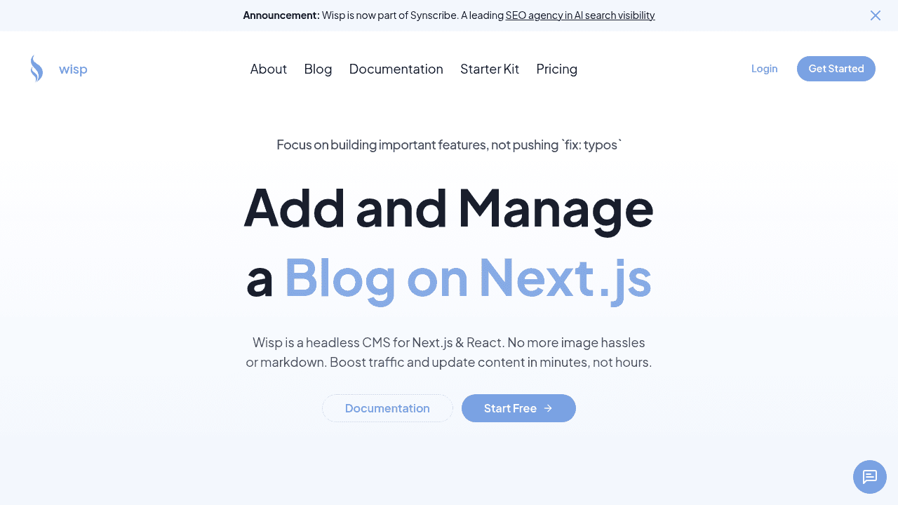 Wisp CMS interface screenshot showing main features and user interface