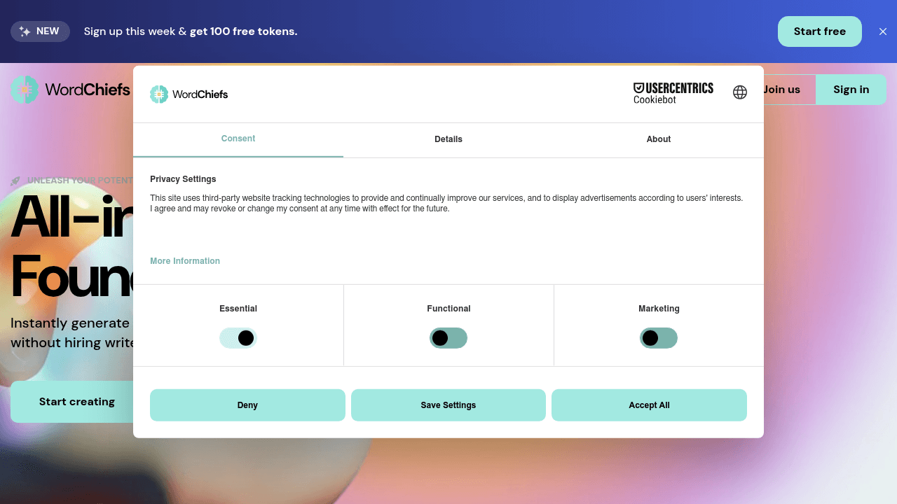 Wordchiefs.com interface screenshot showing main features and user interface