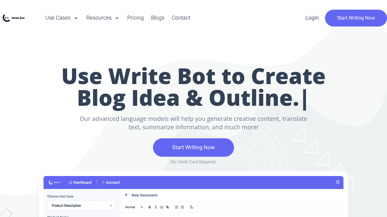 Writebot interface screenshot showing main features and user interface