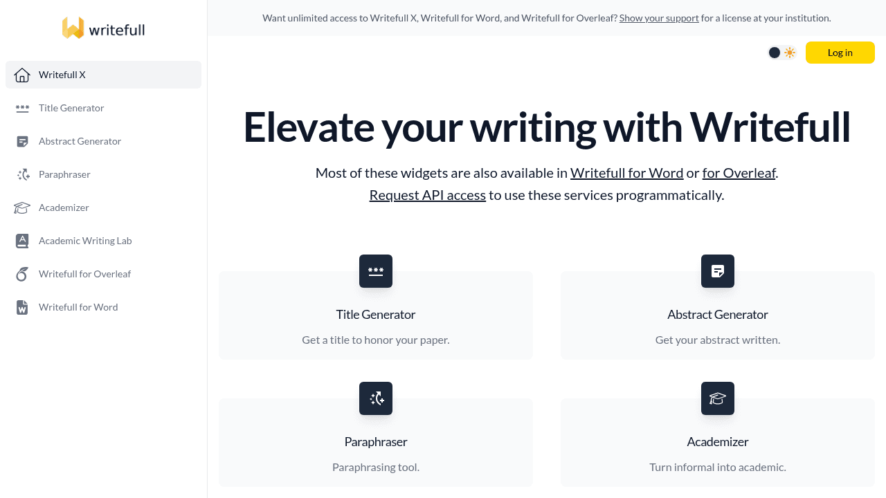 Writefull Academizer interface screenshot showing main features and user interface