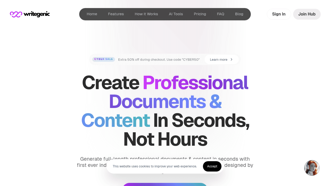 Writegenic AI interface screenshot showing main features and user interface
