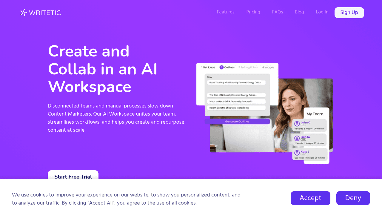 Writetic interface screenshot showing main features and user interface