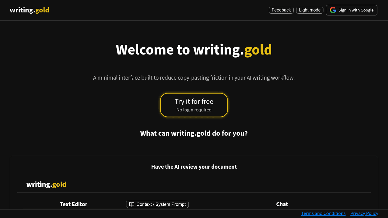 writing.gold interface screenshot showing main features and user interface