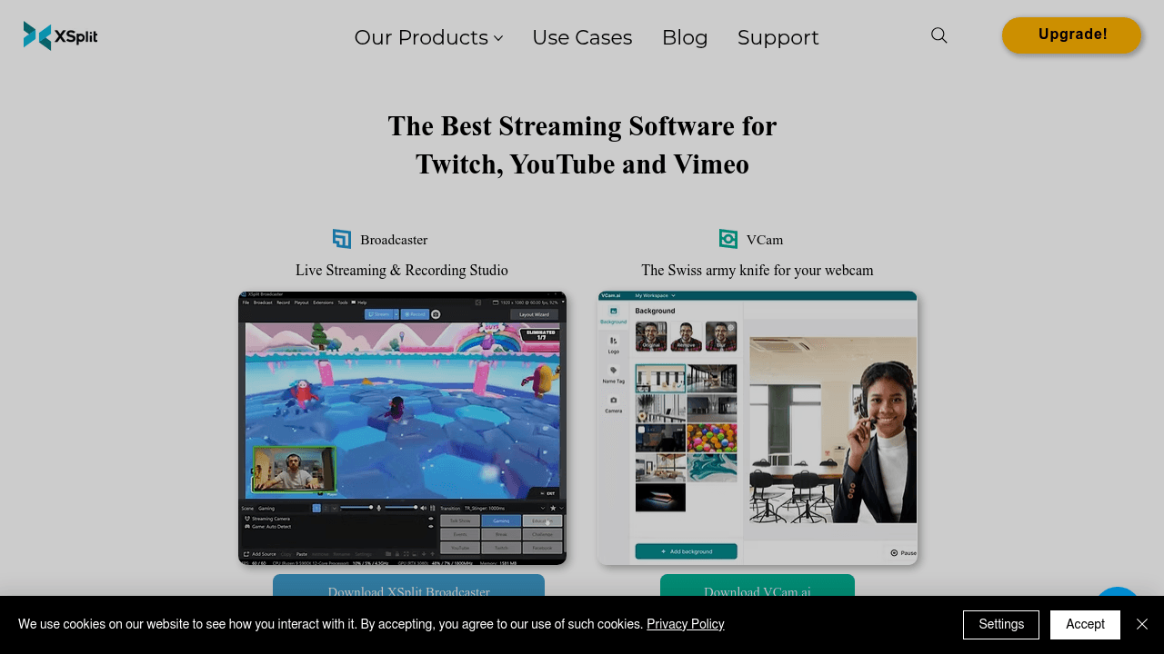 XSplit interface screenshot showing main features and user interface